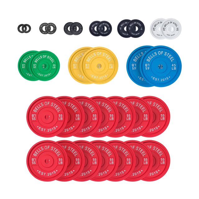 The "Bells of Steel Calibrated Powerlifting Plates - LB Sets" showcases various colored plates, organized by size and included multiple 55 lb red ones at the bottom, following a color sequence of black, green, yellow, blue, and red.