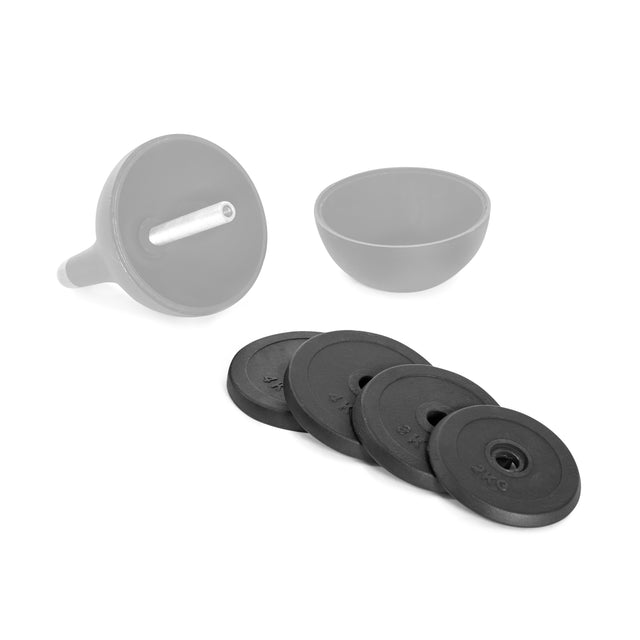 The image features a set with detachable wheels and a rubber ball, likely for an office chair, showing one separated wheel with a gray stem and black discs. Ideal for smooth movement when using the 13KG Expansion Pack - Adjustable Competition Kettlebell by Bells of Steel at home.