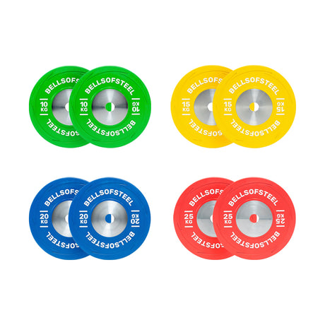 The Bells of Steel KG Competition Bumper Plate Sets include four color-coded pairs (10 kg green, 15 kg yellow, 20 kg blue, 25 kg red), meet IWF specs for Olympic lifting, and are arranged in a grid pattern.