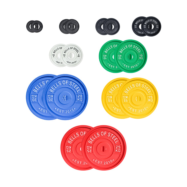 The "Bells of Steel" Calibrated Powerlifting Plates - KG Sets are vibrant, color-coded plates meeting IPF specs. These plates are branded and available in red, yellow, blue, green, black, and white for easy selection.