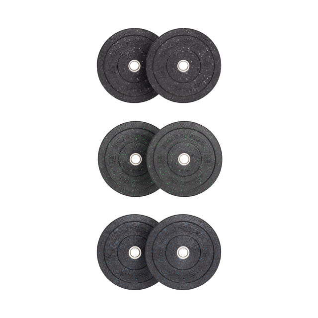 Three pairs of colorful Crumb Bumper Plate Sets from Bells of Steel, stacked vertically against a plain white background, feature textured surfaces and central metal inserts, ensuring safety and durability in weightlifting.