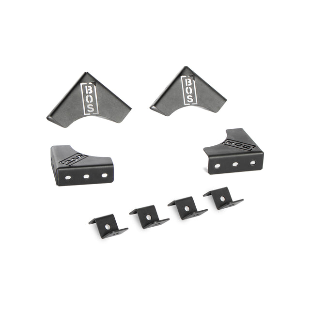 A stylish set of black metal components, including mounting brackets and corner pieces, labeled "Bells of Steel Canada," arranged on a white background. This 1 Layer Deadlift Platform Hardware set features a modular design with various angled and flat pieces, complete with pre-drilled holes to ensure easy assembly.