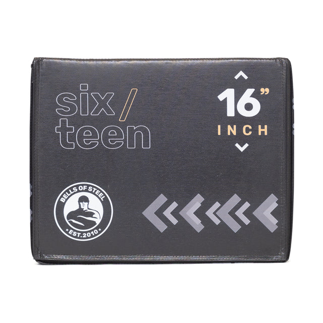Black rectangular box labeled "six/teen 16 inch" in white and orange, featuring a circular "Bells of Steel - Est. 2010" logo with right-pointing arrows. This home gym tool functions as a 3-in-1 Foam Soft Plyo Box, supporting up to 350lb.