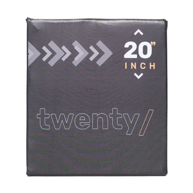 The Square Foam Soft Plyo Box from Bells of Steel features a black design with gray and gold accents, "20 INCH" in bold white/gold, and "twenty" in gray lowercase font. Ideal for versatile home gyms, it offers a dense foam design for 3-in-1 functionality in sizes 16", 18", and 20".