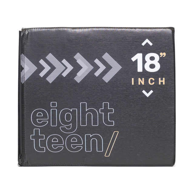 Black square binder features "18 Inch" in bold white and "eight teen/" in stylized text. White arrows suggest the dynamic versatility of Bells of Steel Foam Soft Plyo Box (16 x 18 x 20) for your home gym, hinting at direction and flexibility akin to dense foam's solid support.