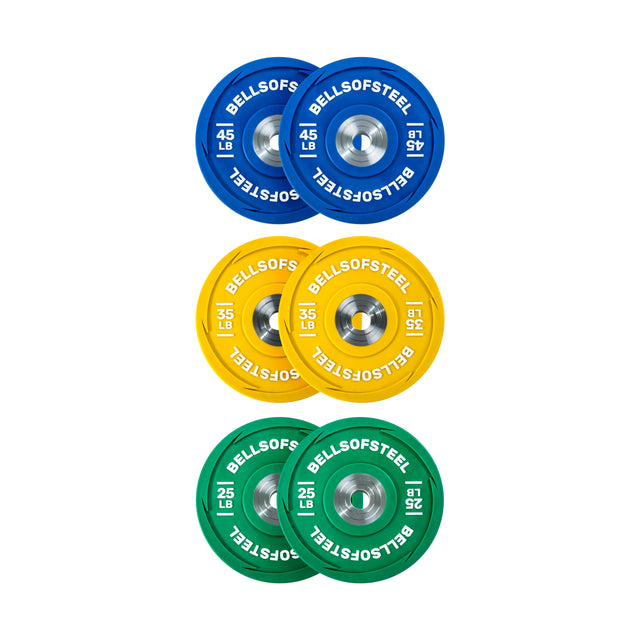 Three pairs of Urethane Bumper Plates by Bells of Steel are stacked vertically: blue (45 lb) at the top, yellow (35 lb) in the middle, and green (25 lb) at the bottom, ideal for Olympic weightlifting.