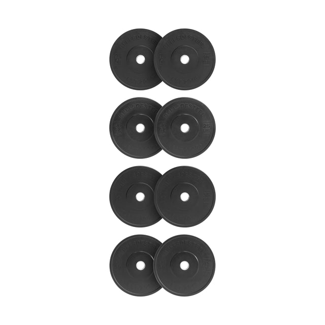 Eight All-Black Bumper Plate Sets by Bells of Steel are shown vertically in pairs on a white background, each featuring a circular center hole and embossed text for durability and safe lifting during workouts.