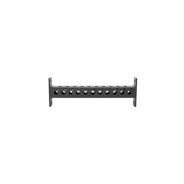 The Bells of Steel Manticore Crossmembers are black metal wall-mount brackets with multiple evenly spaced circular holes, ideal for organizing cables or mounting network equipment. Compatible with Manticore Rack and various rack attachments.