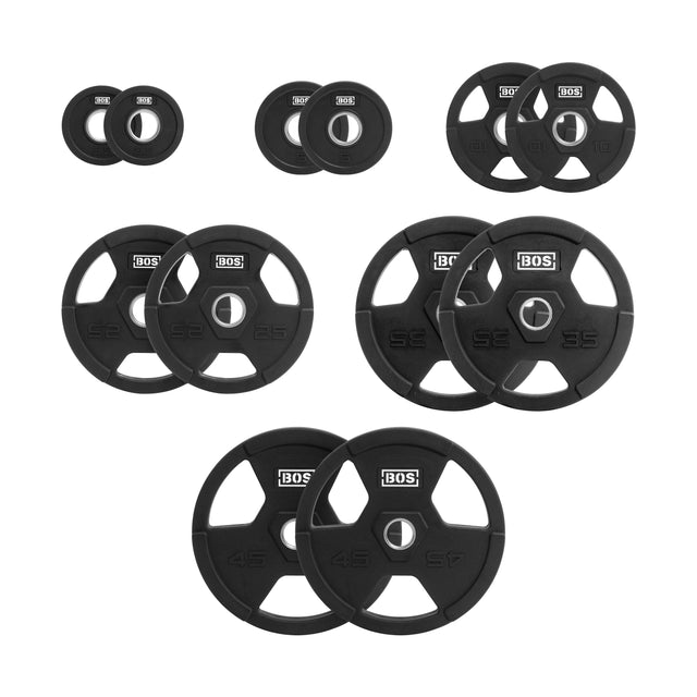 Bells of Steel's Rubber Coated Iron Weight Plate Sets are symmetrically arranged with plates featuring central barbell holes, stainless steel hubs labeled in pounds, and ergonomic handles with logos and grooves for easy handling.