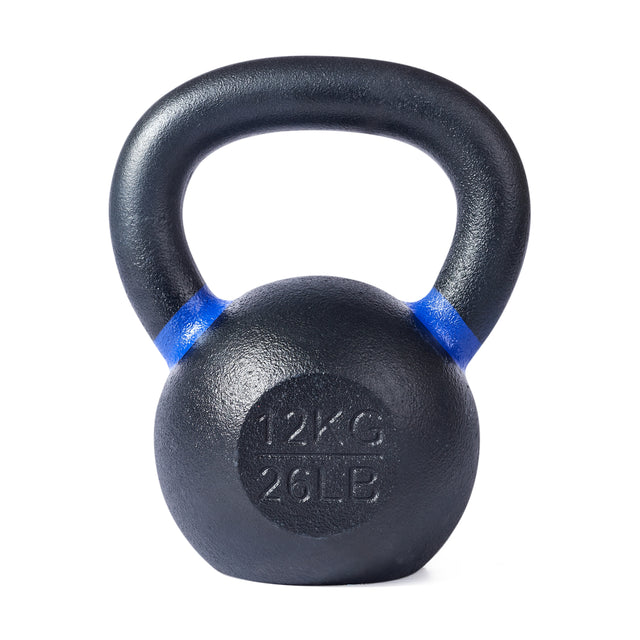 The Bells of Steel Powder Coated Kettlebell features "12KG" and "26LB" in raised letters, a blue stripe near the handle, and a black finish—perfect for strength training and functional fitness, isolated on white.