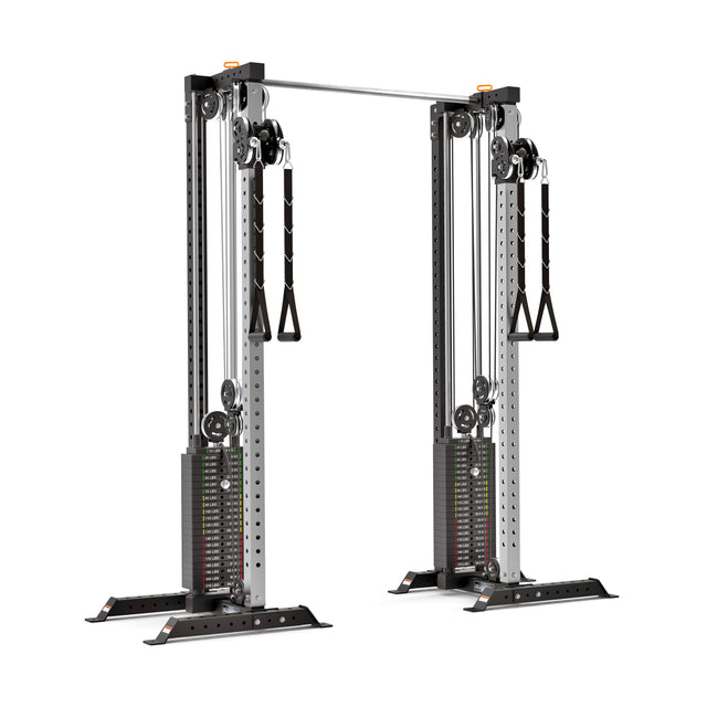 The Bells of Steel Cable Tower Squat Stands, featuring dual adjustable weight stacks, pulleys, and handles, are perfect for home gyms. Designed for strength training with a steel frame and adjustable height settings to accommodate diverse workouts.