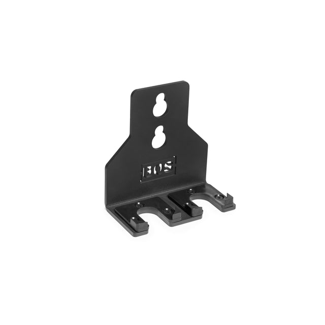 The Bells of Steel Hanging Barbell Holders feature two U-shaped slots at the base and keyhole slots for wall mounting, with "ROS" cut out on the vertical panel—perfect for organized barbell storage in your gym.