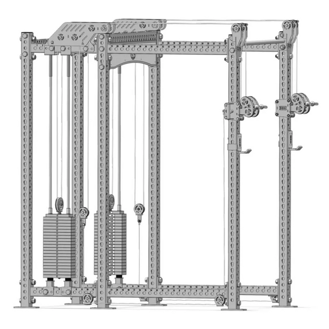 A detailed CAD rendering of the Kraken Cable Tower Rack Attachment highlights adjustable pulleys, weight stacks, and a sturdy frame. It features multiple anchor points for diverse exercises with robust tower integration for enhanced versatility. Brand: related_to_7678798430260.