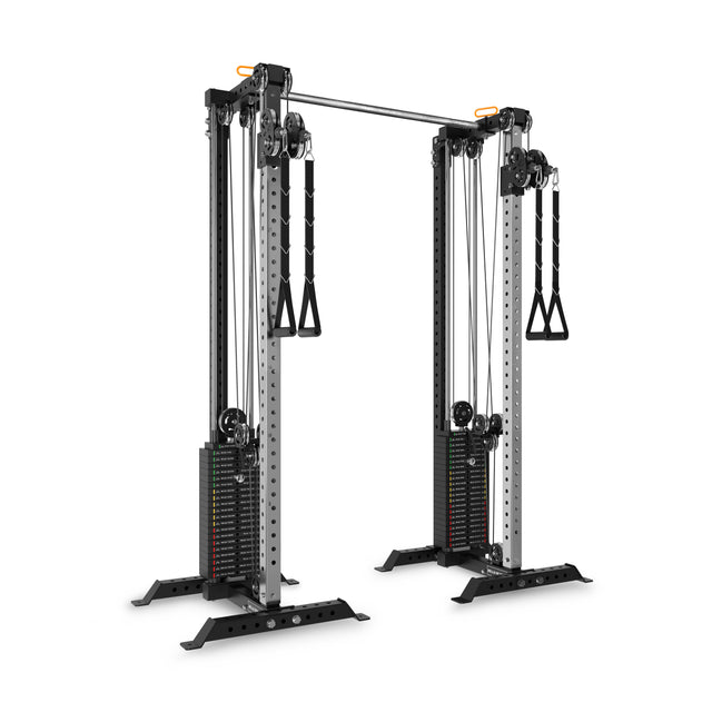 The Bells of Steel Cable Tower Squat Stands features two weight stacks, pulleys, and handles for versatile strength training. Its silver and black frame includes orange adjustment knobs for easy use in any gym or home gym setup.