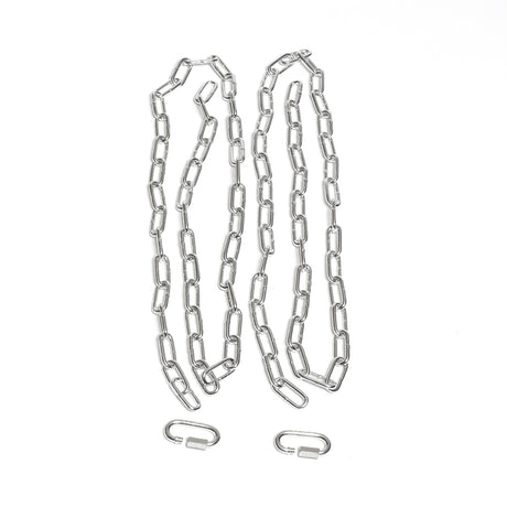 Two Bells of Steel Weightlifting Chains, each with an oval link pattern, are laid out parallel on a white surface. Below them, two matching oval-shaped chain links with openings are placed separately.