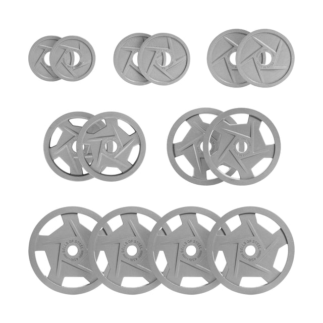 The Gray Mighty Grip Olympic Weight Plate Sets by Bells of Steel includes various-sized plates in three rows: small on top, medium in the middle, and large on the bottom. They feature an ergonomic design and a durable hammertone powder coat for fitness enthusiasts.