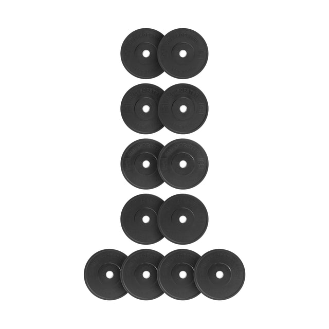 Ten Bells of Steel All-Black Bumper Plate Sets, each with a circular shape and central lifting hole, are arranged vertically in a line on a white background.
