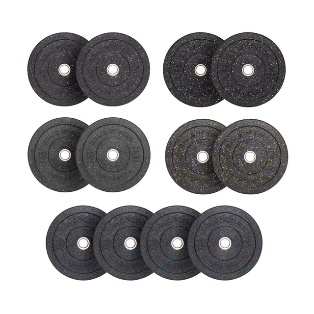 The Bells of Steel Crumb Bumper Plate Sets feature black textured plates with white, green, yellow, and blue speckles. Each set includes two plates with a metal center, ensuring secure weightlifting safety when loading onto a barbell.