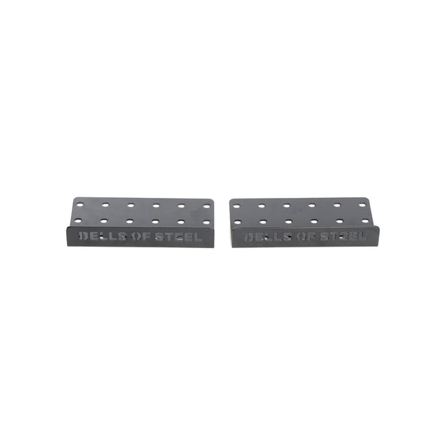 Two black metal brackets with multiple holes, featuring the "Bells of Steel" engraving, serve as premium hardware for stable lifting, positioned side by side against a plain white background. They belong to the Deadlift Platform Three Layer Centre Connection + hardware set.