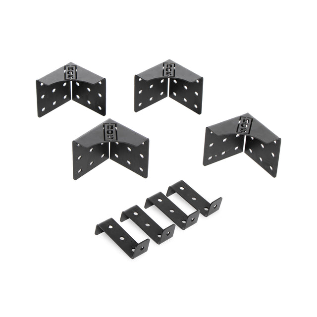 The Bells of Steel 3 Layer Deadlift Platform Hardware set includes black metal hardware featuring four right-angle corner supports with multiple holes and four flat plates with two ground tabs each, displayed on a plain white background.