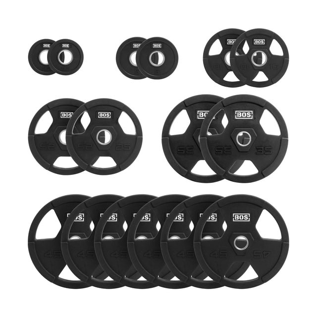 The Bells of Steel Rubber Coated Iron Weight Plate Sets feature black, circular plates with stainless steel hubs in various sizes. Designed sleekly with visible weight indicators, they're ideal for mounting on bars or machines.
