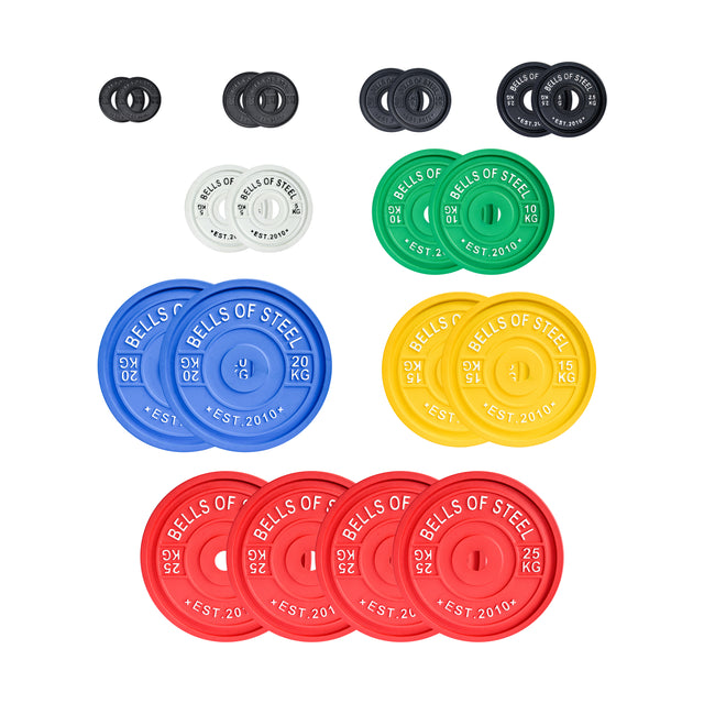 Bells of Steel offers the Calibrated Powerlifting Plates - KG Sets, designed to IPF specs. These color-coded plates range by weight and hue: black, gray, green, blue, yellow, and red—spanning various sizes.