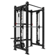 The Bells of Steel Smith Machine Rack With Lat Pulldown - Hydra (3" x 3", ⅝" Holes) is a black power rack featuring adjustable pulleys, safety bars, pull-up bars, weight plate storage, and a Smith Machine attachment for versatile strength training.