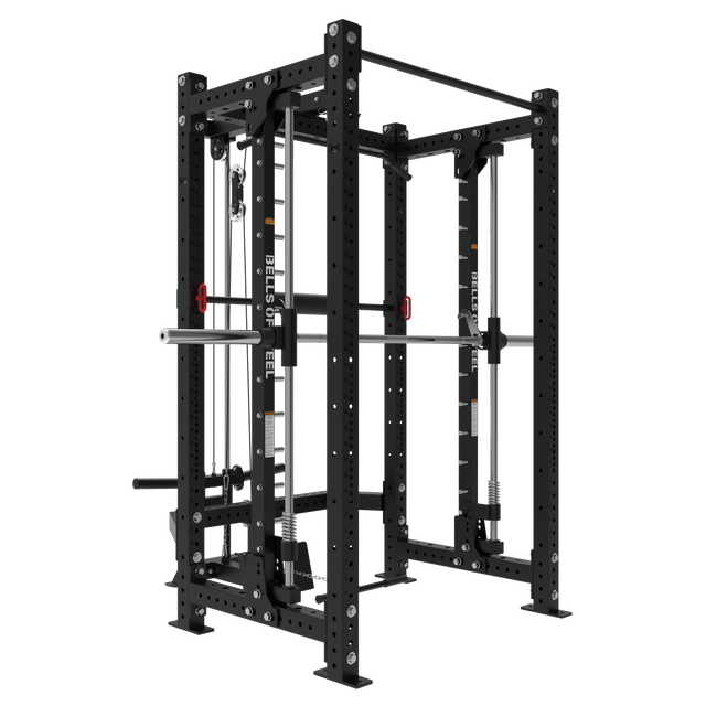 The Bells of Steel Smith Machine Rack With Lat Pulldown - Hydra (3" x 3", ⅝" Holes) is a black power rack featuring adjustable pulleys, safety bars, pull-up bars, weight plate storage, and a Smith Machine attachment for versatile strength training.