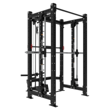 The Bells of Steel Smith Machine Rack With Lat Pulldown - Hydra (3" x 3", ⅝" Holes) is a black power rack featuring adjustable pulleys, safety bars, pull-up bars, weight plate storage, and a Smith Machine attachment for versatile strength training.
