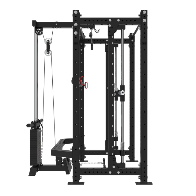 The Bells of Steel Smith Machine Rack With Lat Pulldown - Hydra (3" x 3", ⅝" holes) is a black 4-post power rack with multiple attachments, including pull-up bar, cable system, lat pulldown, storage pegs, and dip station for strength training.