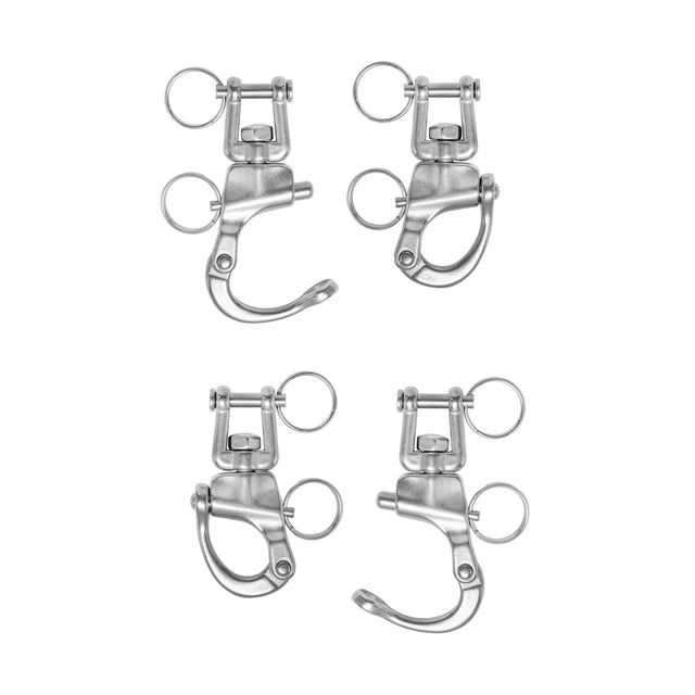 Four stainless steel Swivel Shackles from Bells of Steel are displayed in a grid on a white background. Each shackle features a round swivel ring, resembling those seen in premium gym equipment, and all hooks are open and facing the same direction.