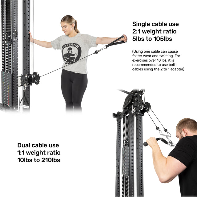 A woman uses the Bells of Steel Kraken Rack Attachment (Single Side) with one arm; a man uses both cables. Single cable: 2:1 ratio (5–105 lbs), dual cable: 1:1 (10–210 lbs). Tips on torque and using both cables for heavier lifts are included.