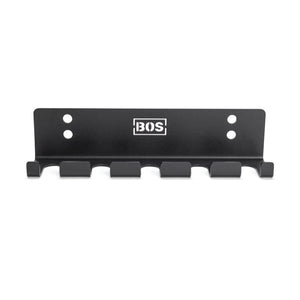 The Bells of Steel Hanging Barbell Holders is a black metal, wall-mounted rack with five hooks and four screw holes, featuring the BOS logo in white at the top—ideal for organizing your barbells.