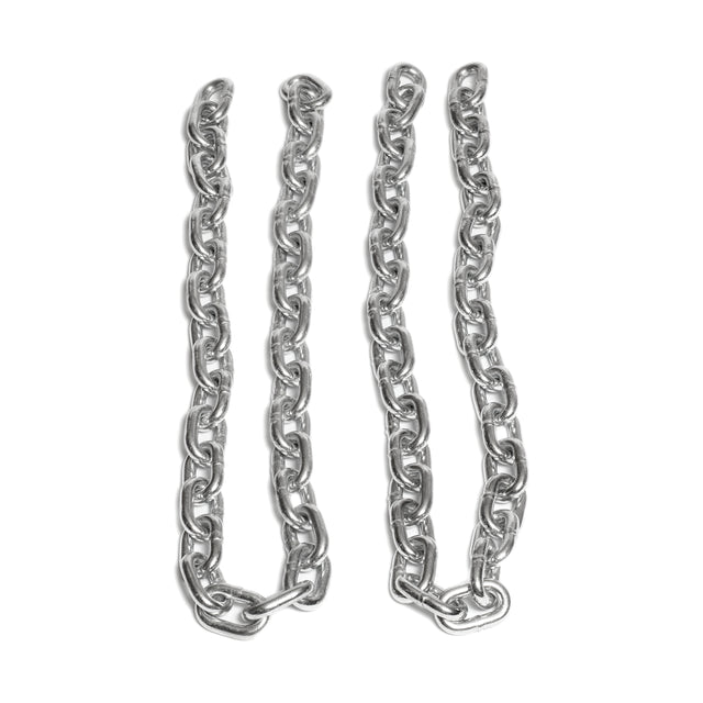 Three shiny Bells of Steel Weightlifting Chains with interlocking oval links are laid out vertically on a white background, their slightly uneven ends perfect for progressive resistance exercises or muscle stimulation routines.