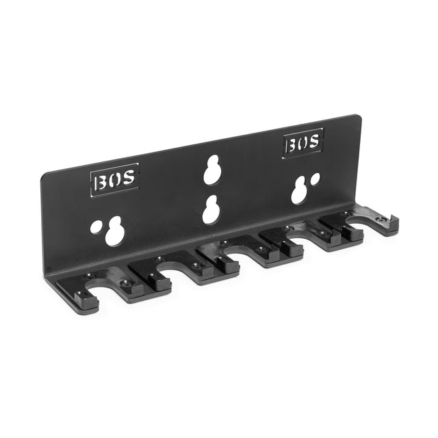 The Bells of Steel Hanging Barbell Holders are black metal wall-mounted racks with five slots and keyhole mounts. Two "BOS" cutouts at the top corners add style, making them perfect for organized barbell storage in your gym or home.