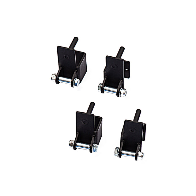 Four black metal Safety Strap Connectors by Bells of Steel with pivoting pins and bolts, evenly spaced on a white background. These hardware components are designed for mounting or assembly on a power rack or similar equipment.