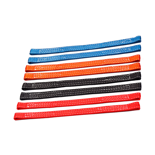 Eight Bells of Steel Safety Straps for 2.3" x 2.3" racks, in blue, orange, black, and red, are arranged parallel to each other on a white background.