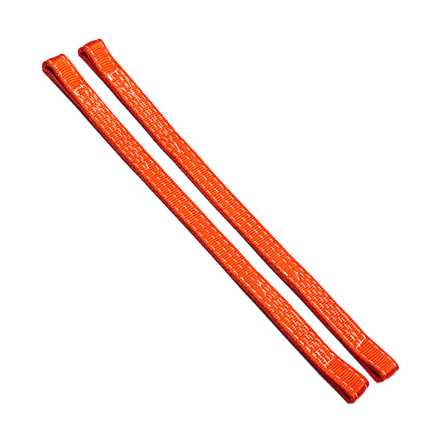 Two bright orange Safety Straps for 2.3" x 2.3" racks by Bells of Steel, featuring reinforced nylon stitching for barbell protection, lie parallel on a white background—perfect for your power rack setup.