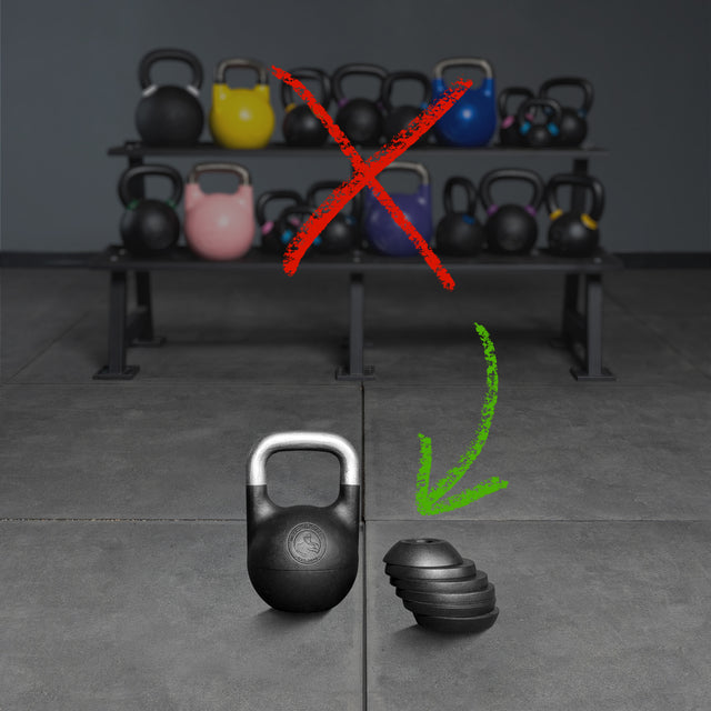 A row of kettlebells is crossed out in red on a rack, while at the front, the Bells of Steel 6-12KG Adjustable Kettlebell and a stack of black weight plates are highlighted with a green arrowâemphasizing versatile training options inspired by Mark Wildman.