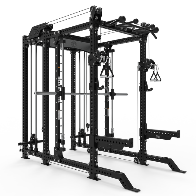 The Bells of Steel Smith Machine Rack - 6-Post with Kraken (Manticore, 3"x3", 1" holes) is a versatile, black power rack featuring pulleys, pull-up bars, cable attachments, and adjustable safety bars for home gym strength training.