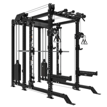 The Bells of Steel Smith Machine Rack - 6-Post with Kraken - Manticore (3" x 3", 1" Holes) is a versatile black power rack featuring a Smith Machine, cables, pulleys, pull-up bars, and plate holders—ideal for home strength training.