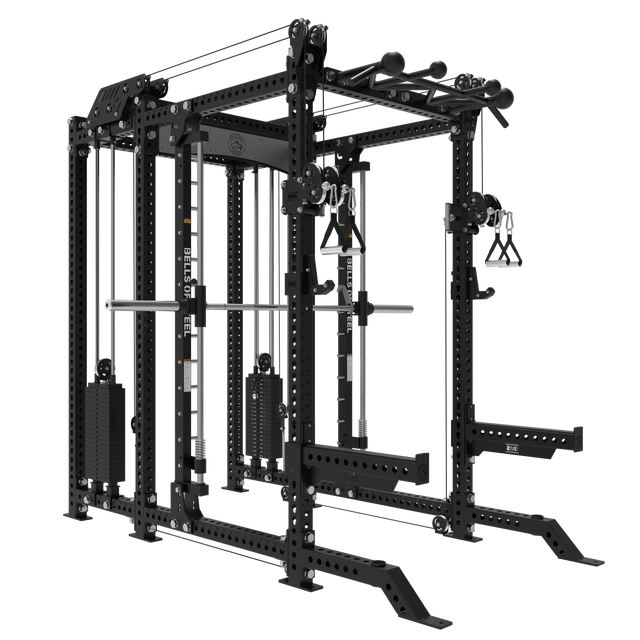 The Bells of Steel Smith Machine Rack – 6-Post with Kraken – Manticore features 3"x3" uprights, 1" holes, cables, pulleys, weight stacks, pull-up bars, and a Smith Machine—perfect for diverse home strength training.