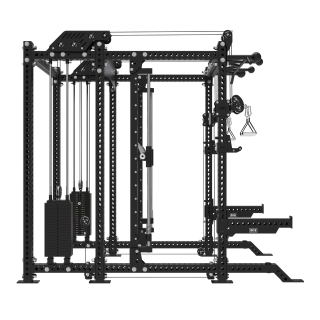 The Bells of Steel Smith Machine Rack - 6-Post with Kraken - Manticore features weight stacks, cable pulleys, pull-up bars, and attachments—perfect for versatile strength training and resistance workouts in your home gym.
