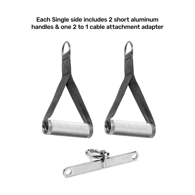 The Bells of Steel Kraken Rack Attachment for 6 Post Manticore Racks (Single Side) includes two short aluminum handles with black straps and a metal adapter, perfect for your dual-handle cable tower system.