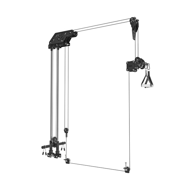 Image showcasing the Bells of Steel Kraken Rack Attachment for 6 Post Manticore Racks, featuring adjustable pulleys, a weight bracket, and dual-handle attachments for versatile home workouts.