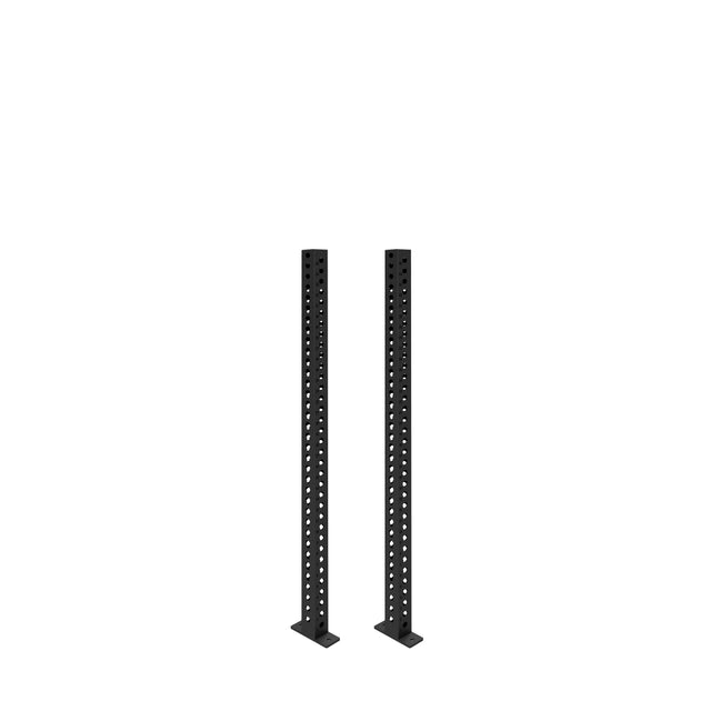 Two Manticore Vertical Uprights by Bells of Steel, black metal 3x3 rack posts with evenly spaced holes, stand parallel on flat rectangular bases against a white background.