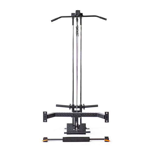 The Bells of Steel Lat Pulldown & Low Row Rack Attachment - Hydra & Manticore is a black home gym machine with a lat pulldown bar, cables, low row attachment, and vertical frame, shown on a plain white background.