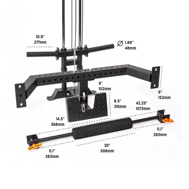 The Bells of Steel Lat Pulldown & Low Row Rack Attachment for Hydra & Manticore features multiple handles and pulleys, ideal for cable exercises; detailed measurements in inches and mm are labeled on the parts, set against a white background.