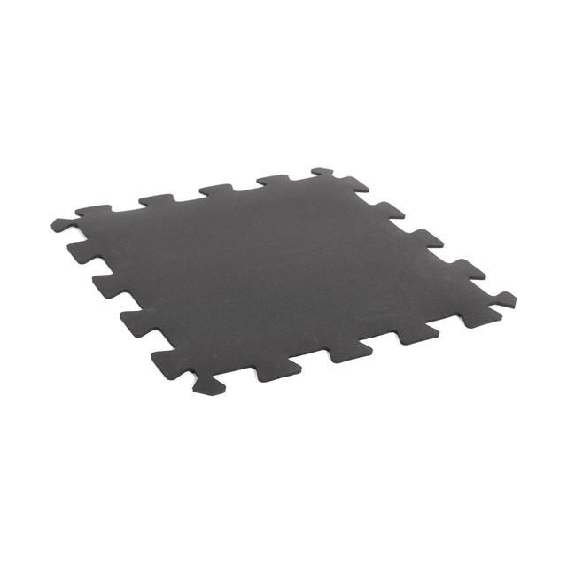 The Bells of Steel 24" x 24" Puzzle Mats (Set of 8) feature interlocking edges for easy gym floor protection and seamless connection with other recycled rubber mats. A single black tile is displayed against a white background.