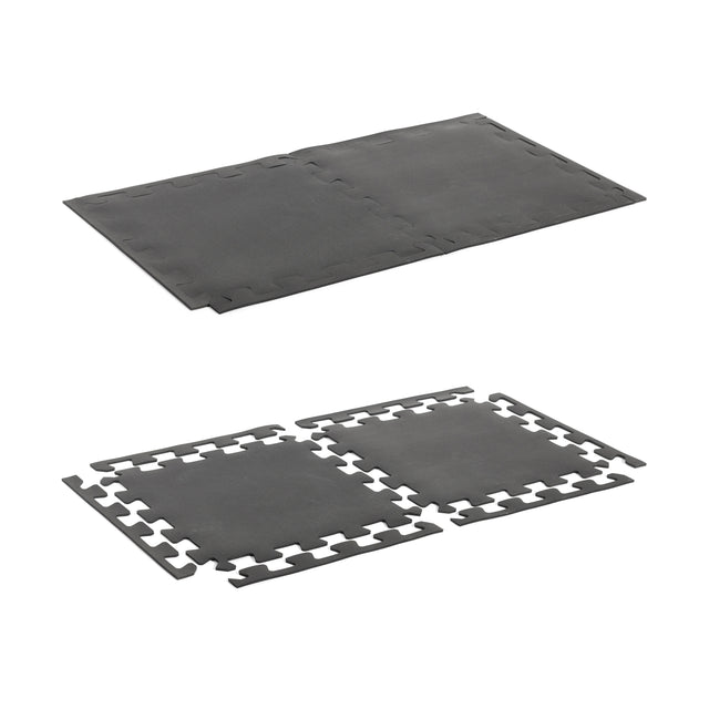 The Bells of Steel 24" x 24" Puzzle Mats (Set of 8) are shown: one mat is fully assembled, while the other displays two separate mats with interlocking edges, all set against a white background—ideal for gym floor protection.
